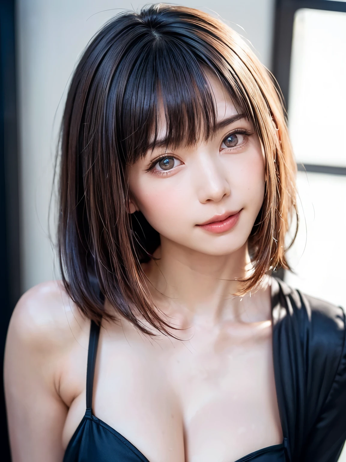 (masterpiece, highest quality),1 girl, alone, scarf, have, realistic, realistic, looking at the viewer, light colored black eyes, Brunette short bob hair with highly detailed shiny hair, Winter clothes, Whity, lips, bangs, outdoor, closed mouth, Upper body、Big eyes、eyelash、((There'There'There'There'There'There'There'、A very simple orange background:1.8))、(((bangsのあるショートヘア、Big eyes、big and full chest、look at the audience、beautiful beauty、show me your ears、long neck、smile、please close your mouth and smile)))、ideal body proportions、(Tree-lined avenues in the winter wilderness of England)、{Huge|big|Hugeな|mega} chest, cleavage