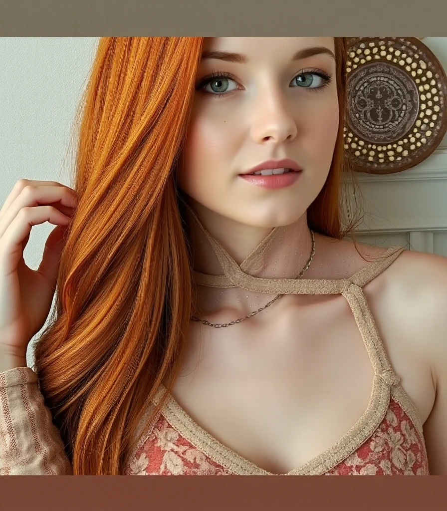 Woman with birth mole below left eye, posing fror a picture, short red hair, sensual girl with green eyes, wearing a transparent pink dress, pale skinned, cute freckles, small freckles, light cute freckles, beautiful young model, beautiful young girl, breasts big, with freckles, Photo model, cute young girl,  beautiful model