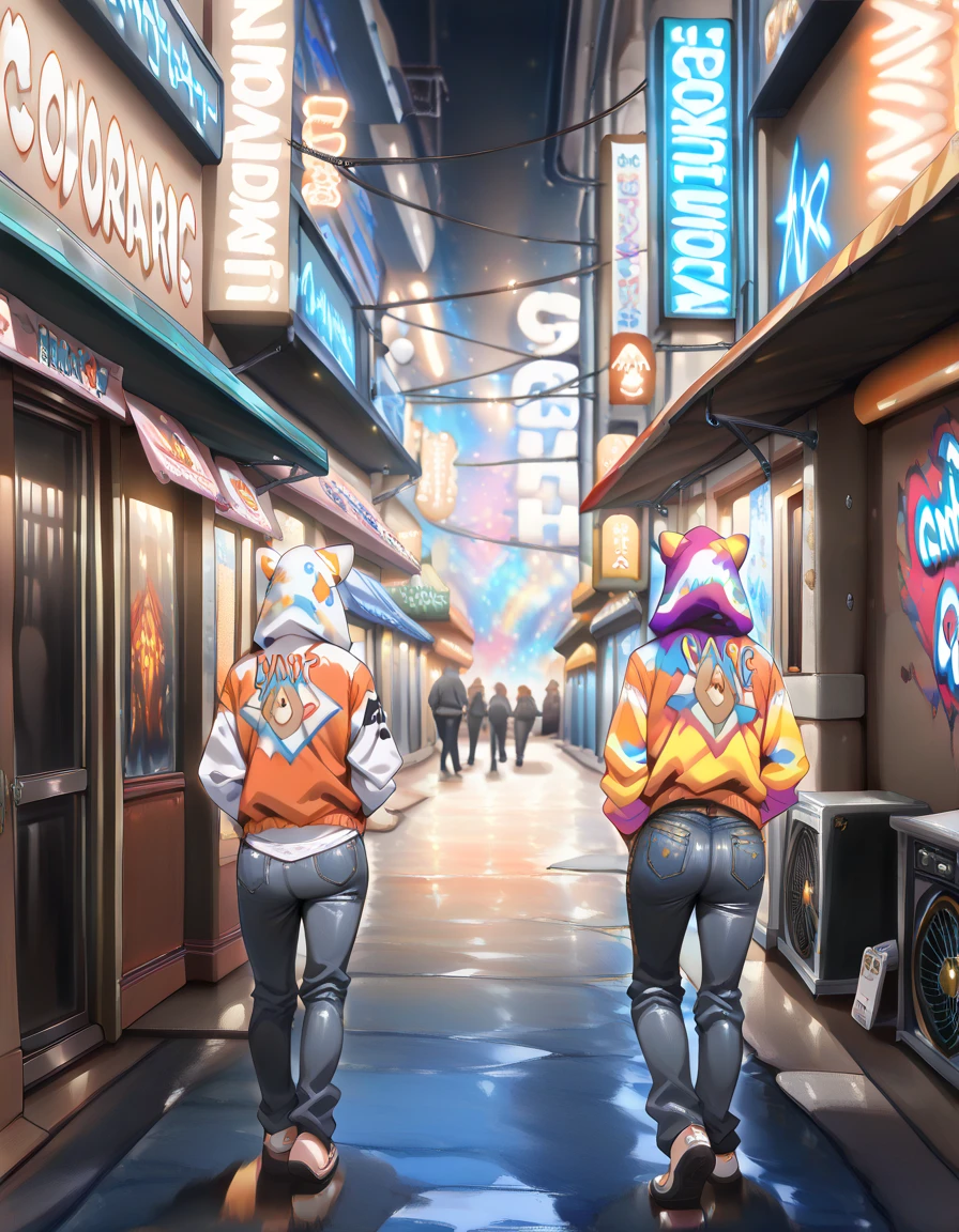 sideview+,Graffiti hood, denim jeans, two gangs fighting, neon lights, downtown at night, back alley, dramatic,((cinematic,colorful background,concept art,high detail,highly detailed,intricate,intricate sharp details,smooth)),depth of field,blur background