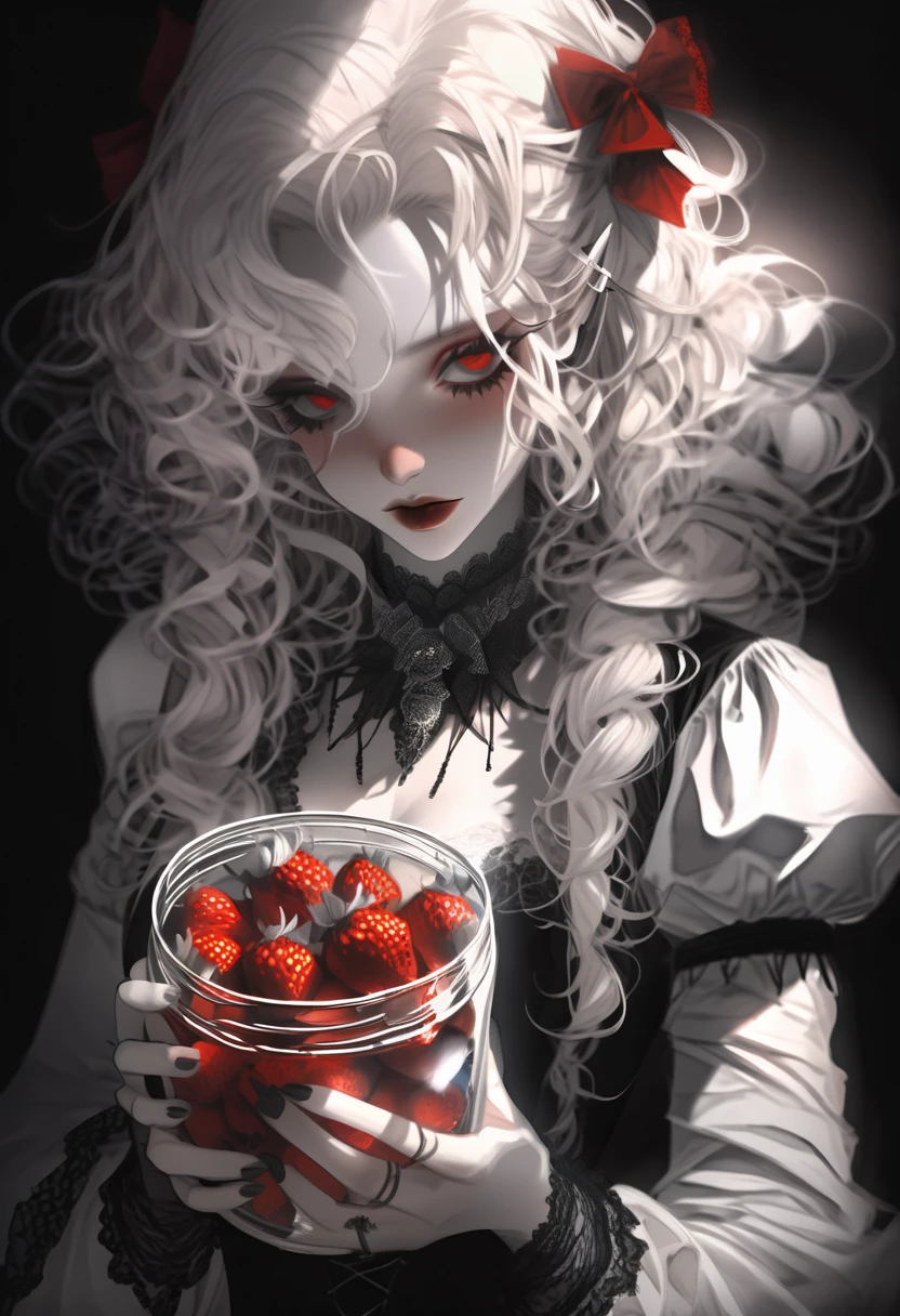<lyco:littledog:1.0>lineart, 2d, muscluar, absurdres, 1girl, revealing clothes, silk champagne dress, black dress, see-through, ((monster girl, vampire, fang, drinking blood)), colored skin, pale skin, ghoulish, holding, bottle, wine bottle