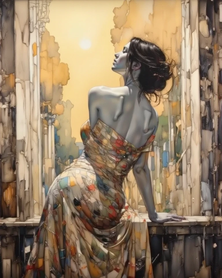 painting of a woman sitting on a balcony in the rain, inspired by F Scott Hess, inspired by F. Scott Hess, by John La Gatta, glen orbik, by F Scott Hess, by F. Scott Hess, james gurney painting style, john watkiss, rainy evening, balcony scene, inspired by Art Frahm, style of donato giancola, (Masterpiece:1.3), (best quality:1.3),