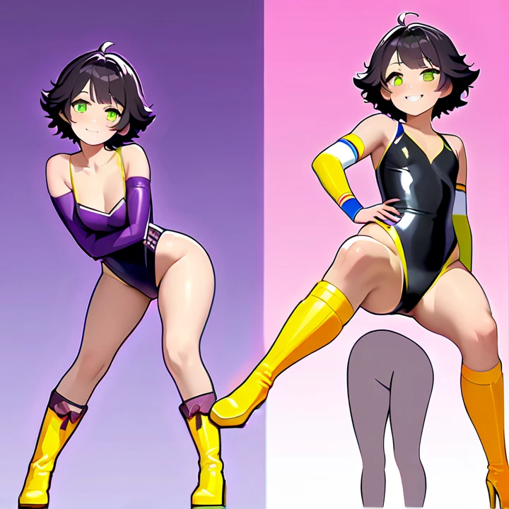 Really embarrassed tomboy Slim girl, with short gray curly hair, brown skin and glasses, In pink body paint , full body, dynamic poses, View from back