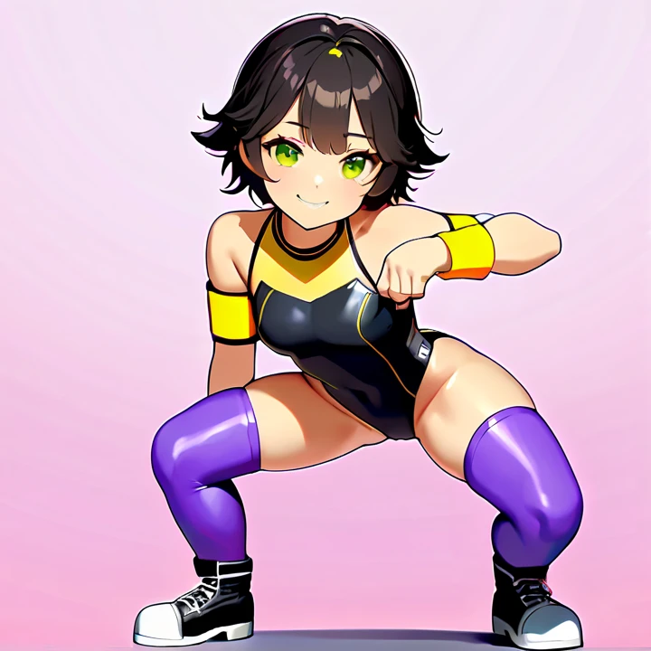 brown skinned anime adult, purple eyes, wearing a gamer outfit, black long hair, beautiful, petit, skinny, ponytail hair, small boobs, waving hand and has big smile, cameltoe
