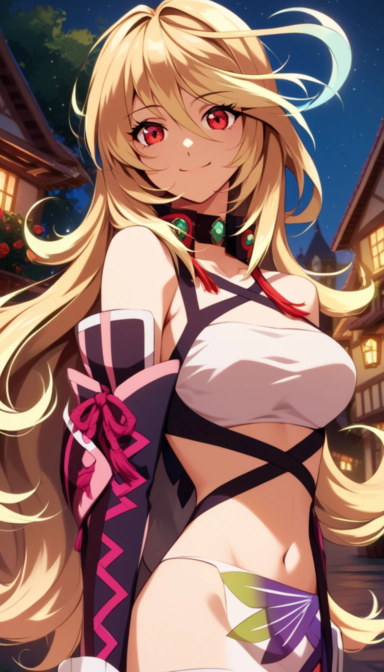 Mukuro is a beautiful young woman with a voluptuous body, having a bust considered disproportionately large for her physical age. She has golden eyes combined with flowing blonde hair that is longer than her own body. She ties her hair in an Odango hairstyle and wears ribbons around her buns, she has muscular legs and a muscular stomach, a thin waist, and (((wears a very sexy and small bikini that leaves her entire backside exposed and her breasts exposed) )), she is standing in a full body photo, (((in the pool scene))), (((huge ))), barefoot, cute smile looking at me