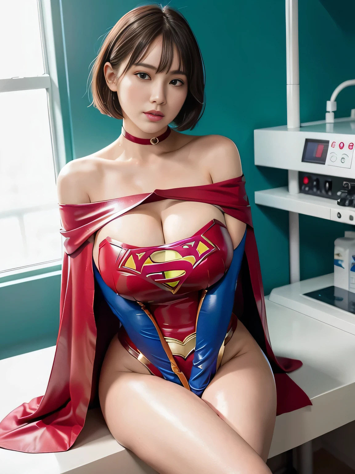 masterpiece、Enamel Supergirl Costume、Short Hair、Hospital operating table、Crisis situation、Big and ample breasts、looking at the camera、Shiny、Off the shoulder、choker、Long sleeve、exy poses to seduce、Sweaty skin、Model Body Type、Alluring、charm、Enchanting、Abused、test subject、victim、Wild、Photorealistic、latex、Expose your belly、athlete、Racing Bloomers、Weekly magazine cover、Red cloak、During consultation、