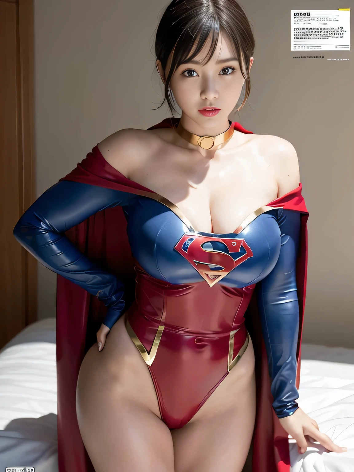 ((Top Quality, 8K, Masterpiece: 1.3)), Incredibly Cute Beauty, 1 girl, full body, long black hair, super plump boobs, boobs, wearing superman clothes, flying in the air, the sky is cloudy bright, the sun is shining,