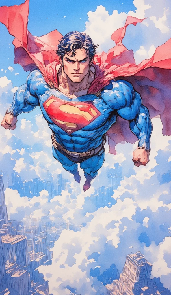 try drawing Superman、、Musculoskeletal overhang々Please draw a picture of Superman flying in the sky、Superhuman Powers and People々Make it an attractive picture that captivates
artistic,