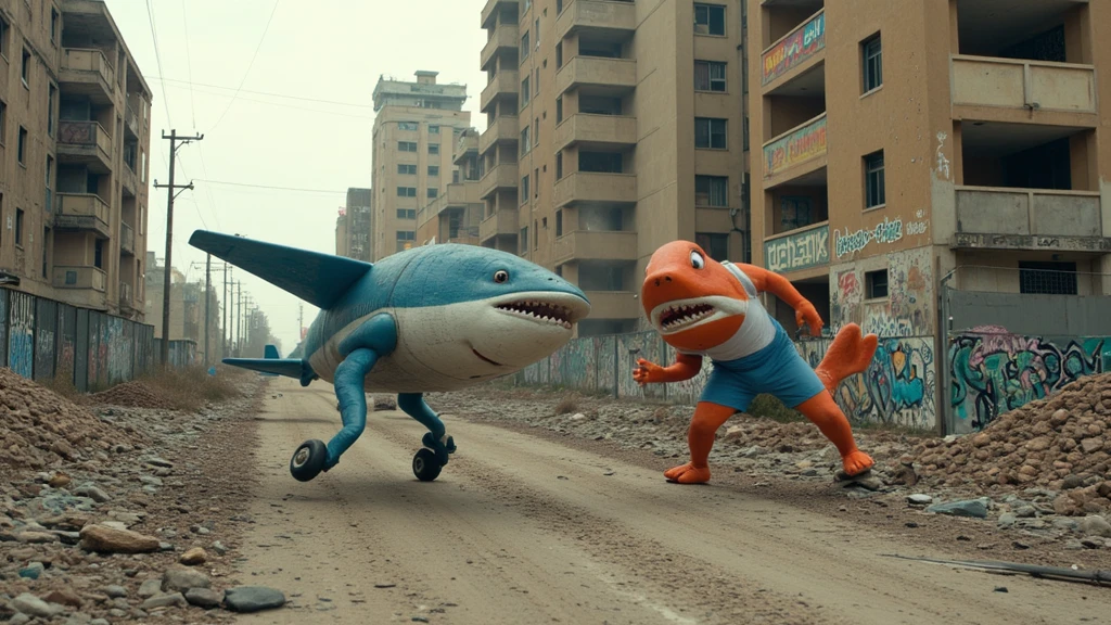 masterpiece, best quality, amazing quality.  In a destroyed city with graffiti everywhere, an anthropomorphic shark fights an anthropomorphic jet plane.