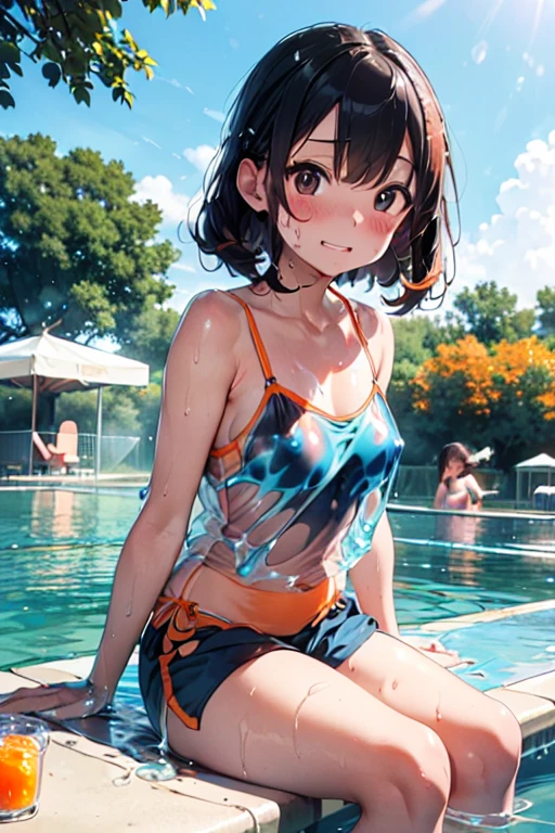 masterpiece, Highest quality, Perfect Face, Highest Resolution, Highest quality,Detailed depiction of the eyes, 1 Girl, young, Dark brown skin, slate gray hair, short hair, Upturned eyes, Yellow orange eyes, Perfect Anatomy, Ribbon choker, Large swimming pool, Feet Focus