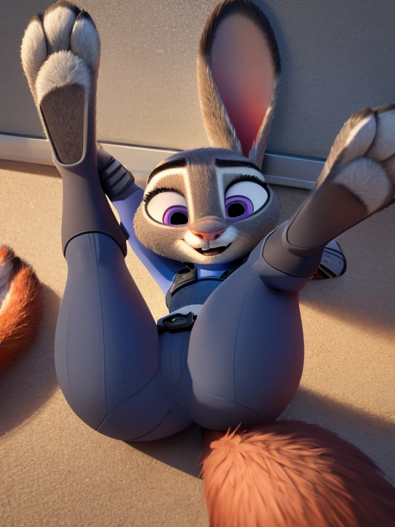 judy hopps, Piernas gruesas, patas gruesas, caderas delgadas, postura de las patas,bragas,de pie,muslos gruesos,dormitorio,Vista de la entrepierna,Long socks with blue lines.,piel realista,grandes piernas