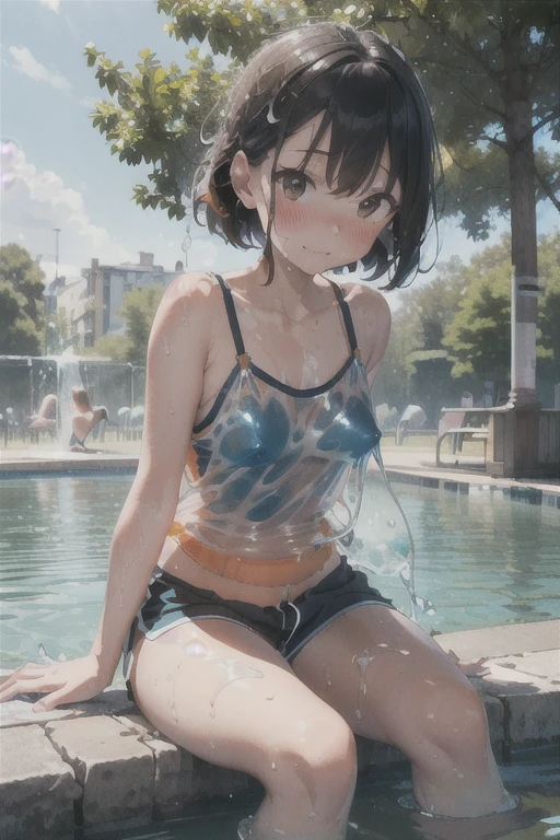 (Ultra-high resolution of the highest quality, masutepiece, Best Quality, 8K, Super Detail, Best Quality:1.3), (Anatomically correct:1.3), (1 Little Girl), (Child), (Loli), (Small body), (flat chest), elementary school student, short black wavy hair, white t-shirt, sitting, in Park Fountain, funny smile, (wet:1.6), (sexual aroused:1.2)