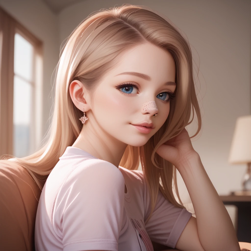 Photo realistic blonde girl wearing tight red crew neck sweater