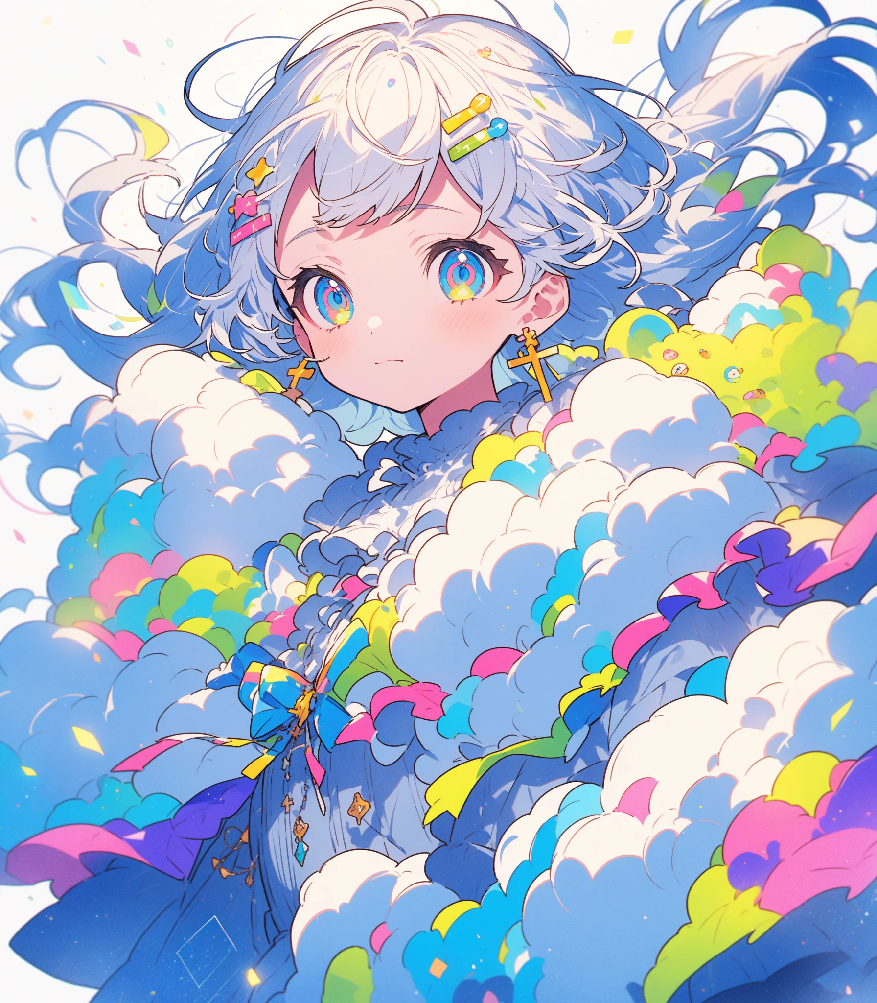 「Beautiful pastel anime girl based on blue and purple、Dumpling twin hair 、Eyes that shine like a starry sky、with accessories such as hairpins and cross earrings、fluffy clothes、Fantastic atmosphere with gentle light and blurring effects、Cheeks、Illustrator is Mika Pikazo style、Ultra Fine、A pop and dreamy worldview、There are graphic elements on a white background」