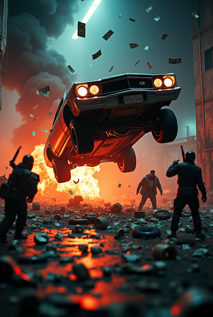 Exterminating robots in a post-apocalyptic New York, fires, smoke billowing, soldados lutando, destroyed cars, fotorrealismo, HD ultrarrealistaHD, dinamic poses, precarious light, noite