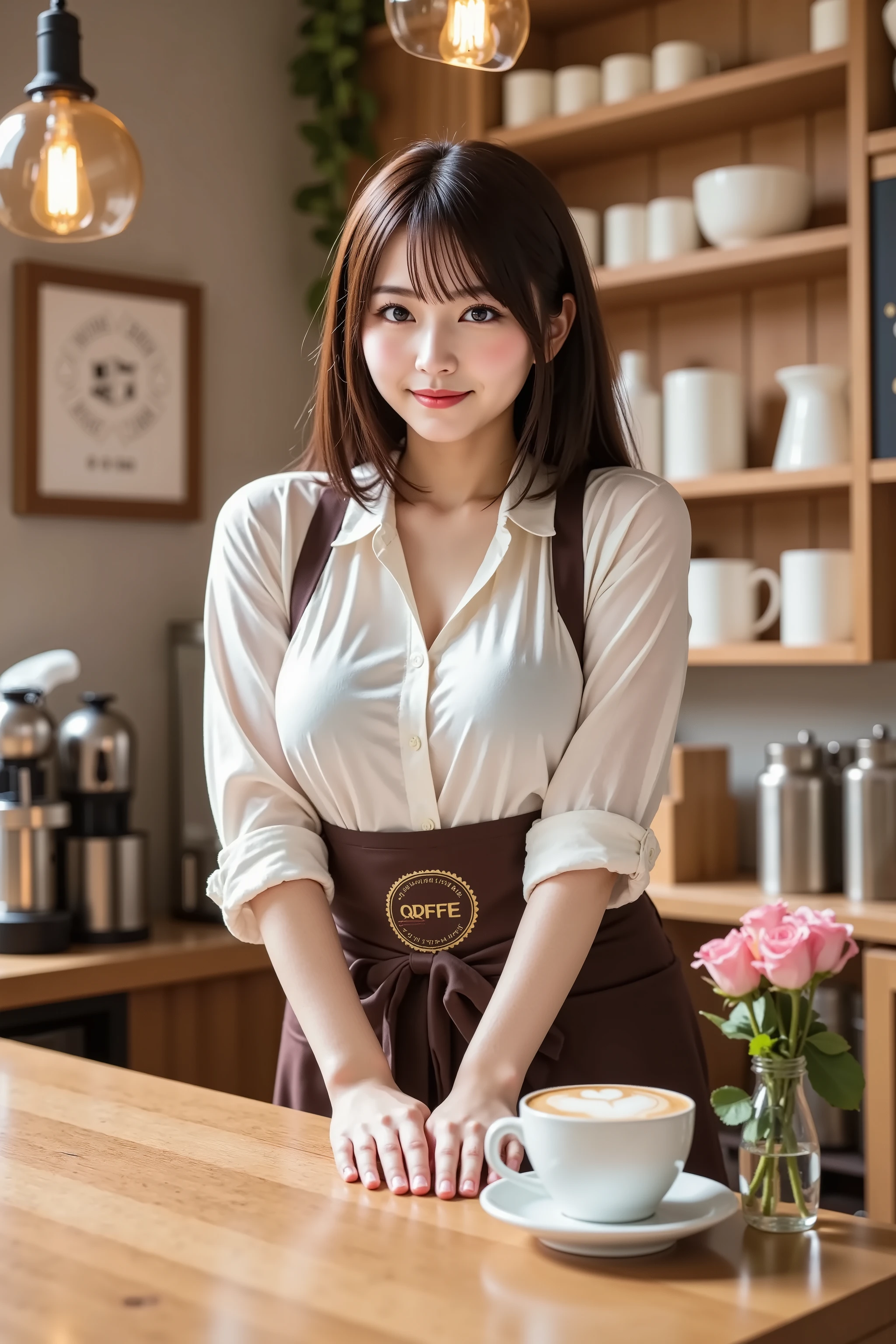 sakura, huge breast, by adjusting the framing so the subject's full head is visible within the composition, with the crop showing only from just above the bust to slightly above the top of the head. Ensure there is a comfortable amount of background space above the head to establish spatial context. A cozy café setting featuring a barista outfit that blends simplicity with professionalism. The uniform includes a crisp ivory blouse with sleeves rolled to the elbows, offering a relaxed yet tidy look. The blouse's fabric is lightweight with subtle texture, gently reflecting warm overhead light and adding dimension to the soft tone. Worn over it is a dark brown apron with a gold-embroidered circular logo reading 'QPFEE' at the chest. The apron ties at the back with a wide sash and is made from durable matte fabric, offering structure and comfort. The barista stands behind a polished wooden counter with natural grain and a smooth, glossy finish that catches the café’s warm lighting. Behind her, wooden shelves hold ceramic mugs, metal containers, stacked cups, and jars, arranged with care. Potted greenery adds a refreshing touch, and the wall is decorated with framed prints and a chalkboard menu. Pendant lights with amber glass shades hang overhead, casting a golden glow that highlights the counter and reflects off polished surfaces. To the side, a stainless-steel espresso machine sits ready for use, with a tamper, milk pitcher, and steaming wand beside it. On the counter rests a cappuccino in a white cup, its foam shaped into a delicate heart. Next to it, a small vase of fresh pink roses brings softness to the wood tones. The scene blends texture, lighting, and thoughtful detail to create a warm, welcoming café environment.