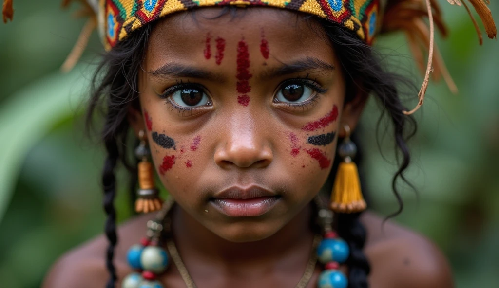image of a child with a painted face, marcas tribais faciais, atmosfera vermelha tribal, imagens tribais antigas, Arte Kazuo Umezu, ayahuasca shaman, Shipibo, xamanismo, tribo antiga, Indigenous, pinturas tribais do rosto, brutal blooded symmetrical face,