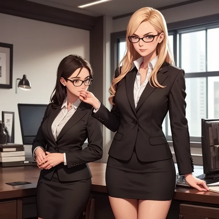 (best resolution, A realistic photo, in full height,  3 heads, blonde woman, big breastes, mother and daughter, Adult woman, teenaged, sportswoman, wide hips, thick-thighs, Big Woman, High, height difference, brunette with glasses, Huge-breasts, Different hairstyles, black button-down shirt, Office suit indoor background, businesswoman, business suit, pants, jacket,