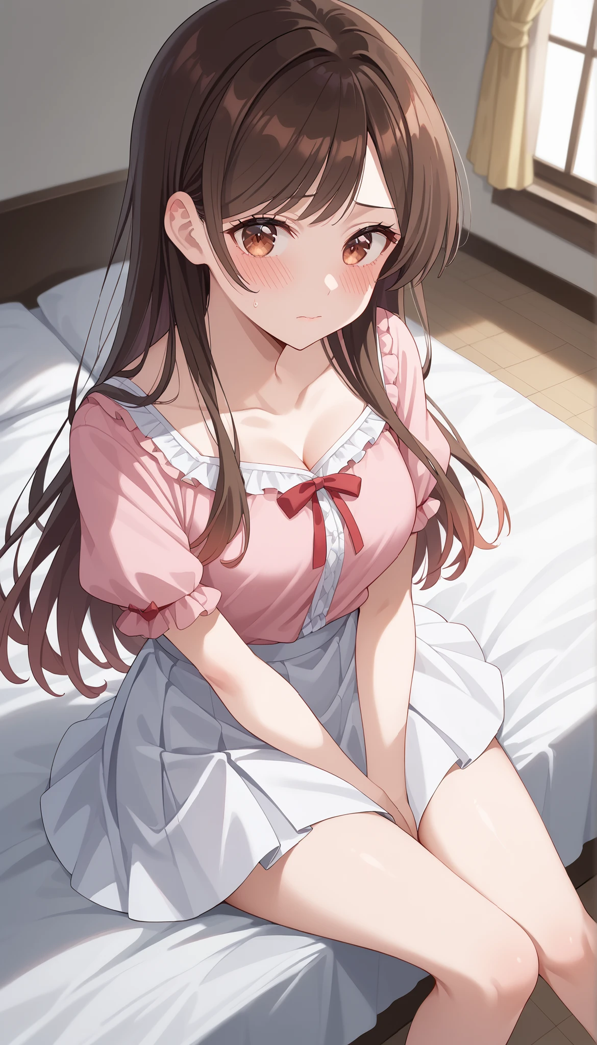 CHIZURU MIZUHARA,brown hair,long hair,pink blouse,white skirt,sit,((angle from above)),medium breasts,are ashamed,blush,bed,Ulchan-6500-v1.1, ( RAW photos :1.2), Beautiful Detailed, very detailedな目、Beautiful Eyes,beautiful eyes、Brown Eyes 、 file size is large, high resolution, very detailed, top quality, [masterpiece:1.6], Awareness-raising, very detailed, CG, finely, top quality, 8K wallpaper, perfect body shape、Dynamic、very detailed、 thin and beautiful thighs