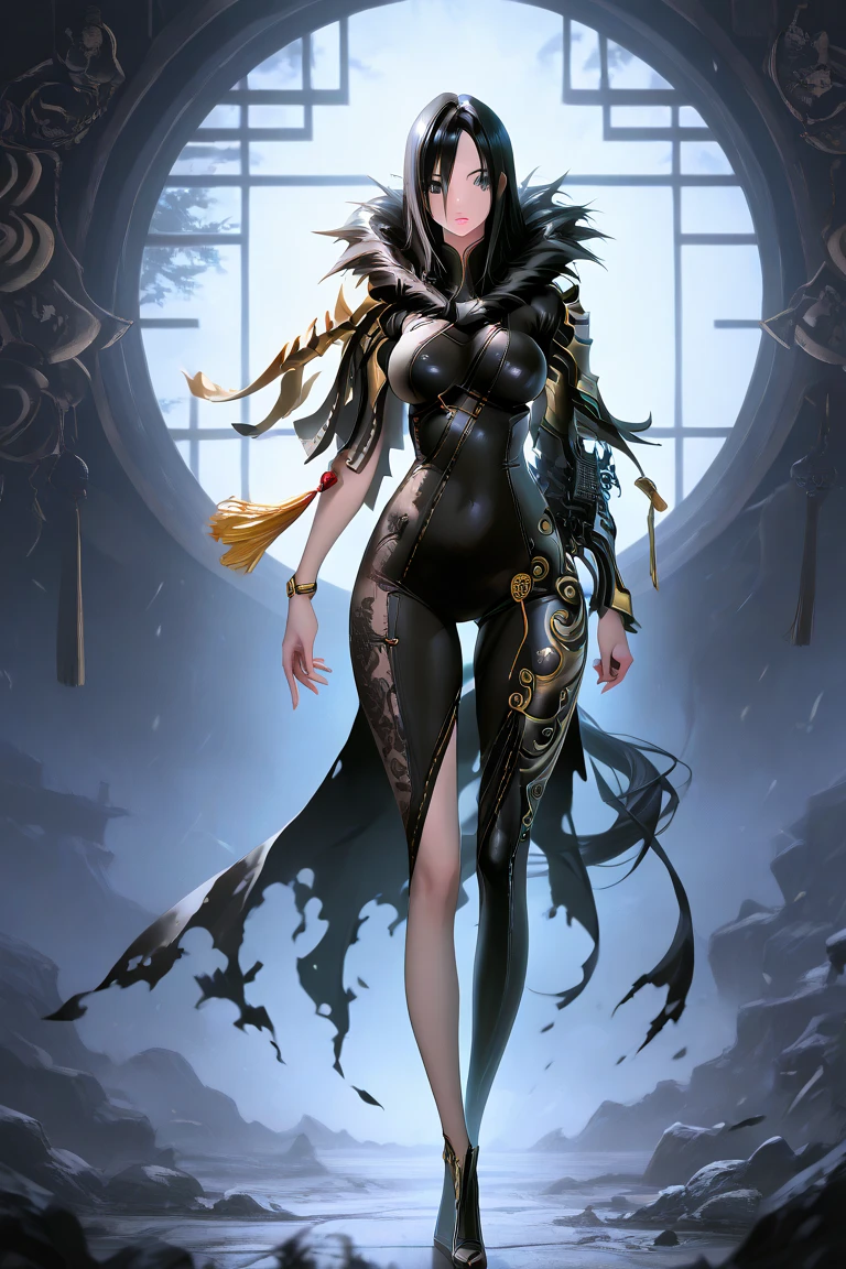 tmasterpiece，Highest image quality，Beautiful full body portrait of the noble dragon girl，Exquisite blue-black hairstyle，Clear golden eyes，Decorated with a series of dragon horns，White studded leather jacket，Nero，huge dragon wings，cave sandals，Ultra-detailed details，advanced。At the Pixiv Art Station，Break your own power，lucky，violence，R-18G
