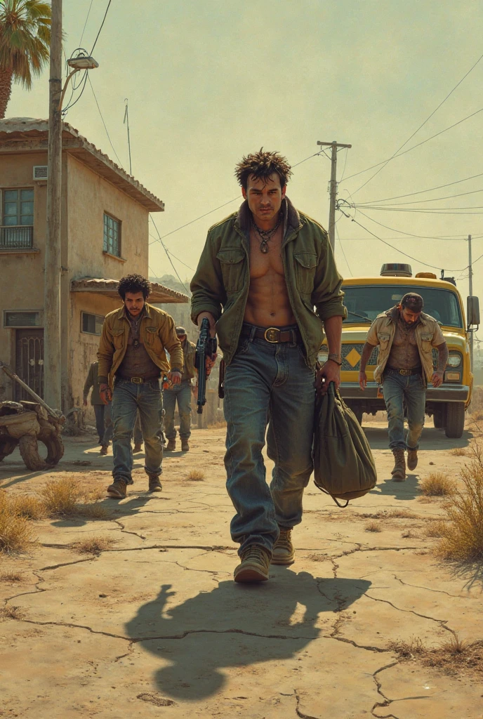 Create a 2 man with a drug addict appearance walking through a not so advanced city 