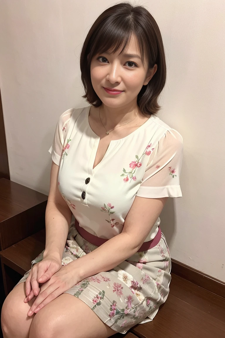 Osaka's aunt、Organic Photography、Background Bokashi, highest quality、masterpiece、Ultra-high resolution、Beautiful Japanese old lady、70 years old、Looking at the audience、Elegant face、Toothy smile、Big Breasts、Wearing a plain short-sleeved blouse、Short perm hair、mini skirt、Earrings、A corner of a coffee shop, Background Blur