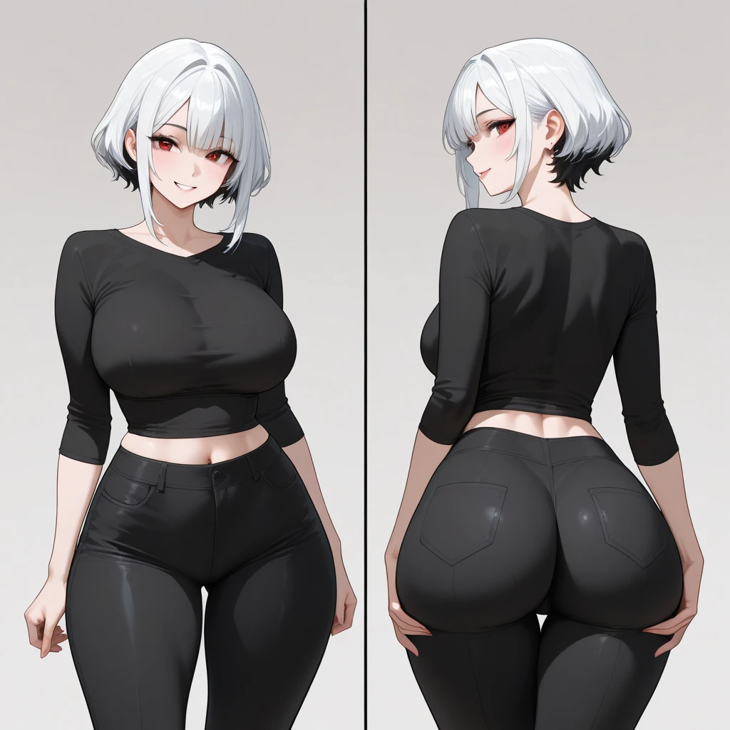 ((melhor qualidade)), ((obra de arte)), (detalhado), uma mulher adulta, olhando pro espectador, rosto perfeito, quadris largos e macios, focus on glutes, big, soft glutes, seios macios, seios lindos e marcados, back view, blusa banca, hidden hands, magra, shy, corada, em plano de fundo VAZIO, seios grandes, linda, duplo v, black pants, vergonha, perky glutes, cabelo curto, cabelo vermelho, olhar com vergonha, corada, sexy, sexy, garota de anime com bunda grande em shorts de couro preto e blusa preta, fofosexyrobutts, Oppai, curvando-se, Coxas grossas, Oppai, estilo de anime ecchi, detalhes finos. linha de frente das meninas, ecchi, Oppai proportions, (SFW)