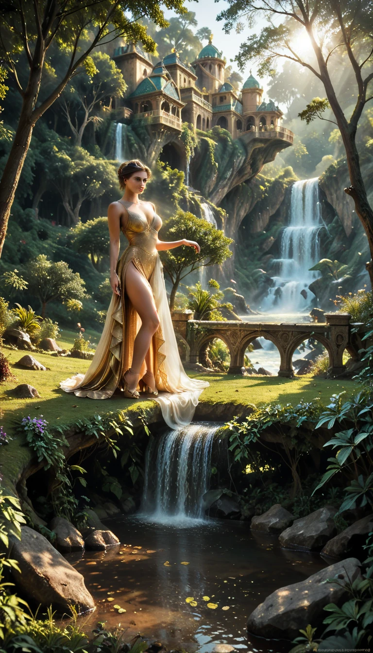 Beautiful,1womanl, brown hair,wet hair, blue eyes, innocent smile, princess, dewy complexion,long eyelashes,soft-petalled lips,(beautiful detailed eyes:1.1),(beautiful detailed lips:1.1),(largue breasts:0.9),youthful appearance, brown locks cascading down, seductive pose, comfortable atmosphere, (((jungle with faint rainbow in background:1.1))), sun flares, soft sunlight filtering through leaves, (((a waterfall in the backyard))), (best quality:1.2),(highres:1.1),(realistic:1.37),(physically-based rendering:1.1),(vivid colors:1.1),(soft lighting:1.1), full body, (((wearing native largue white with golden details loincloth))), ((primitive blouse)), native primitive clothes with feather adorns, tied sandals to the knee, ponytail, ((windy dress)), ((windy hair)), full body, (((feet visible))), flower in hair, standing feet inside water