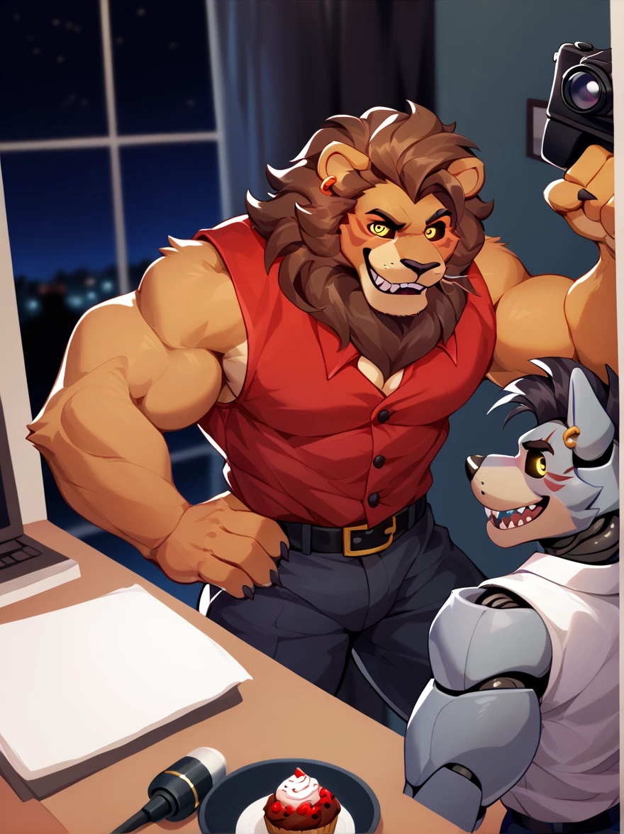 Security officer Dyne is in his office, looking at the many video monitors of Freddy Fazbear's pizzeria. Animatronic Cornelius is sneaking up him!!! BREAK Dyne is a black werewolf furry anthro fazbear security guard. He is smaller than Cornelius. couple, duo, 2 characters.
g score_9, score_8_up, score_7_up, score_6_up, dynamic pose,masterpiece,anthro, (Cornelius, Male, furry, Lion anthro, Medium muscular lion, no mane, brown, light brown lion, feline, long brown pony tail hair, lion ears, wearing tiny gold round glasses, , hands, standing, posing, good , arms, male , perfect , perfect body no defects, hands, 5 fingers, perfect hands, completely perfect body, 4k (Realistic eye details 1.2), fluffy fur, source anime, best quality, anthro, A muscular lion man with a strong build. He has a well-defined jawline and a serious expression. His fur is brown, pony tail long, and he has no mane, Mature male, anthro, feline, animatronic, robot, good drawn sharp teeth, no blur, red body, claws,sharp teeth, gold tooth, gold (metal),shredded ears, animal ears,ear piercing,jewlery, animatronic, robust body, friendly appearance, blue and white metallic fur, red vest, and gold accents, glowing eyes, warm smile, big dumb smile, Highly detailed, white sclera, yellow eyes, male,countershade,fur,white sclera,tall male,hairy male,one hooked hand,muscular male,damaged body,black robotic legs,damaged pec,high angle,close up. Fnaf, Pizzeria security office background. by null-ghost, masterpiece, best quality , furry, wolf, Two tons of fur, ( black fur :0.8), Broad shoulders, Narrow waist, monitors, camera, night, High Quality, Masterpiece, beautiful, s drawings on wall, cupcake on the shelf, guard tools, fan, various small Freddy Fazbear plushies, messy office, open door to pure darkness