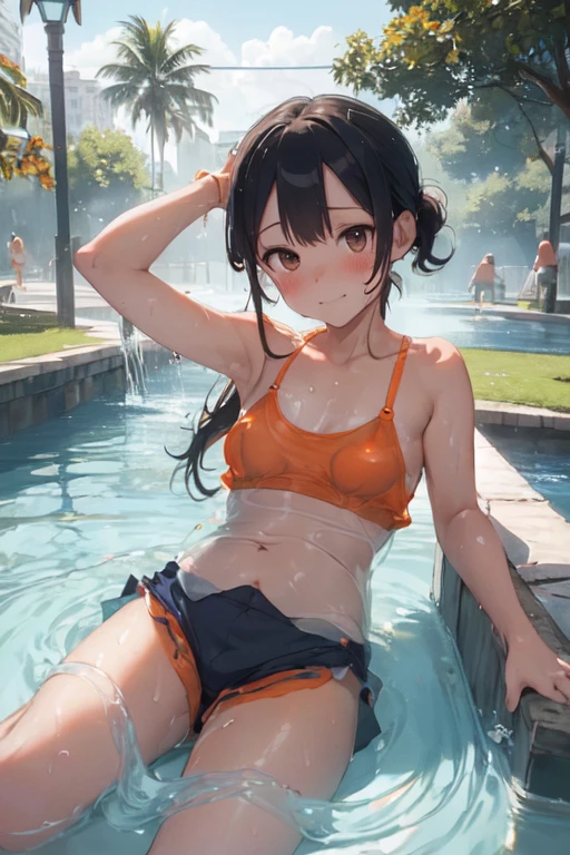 Beautiful fece, masterpiece, top-quality, hiqcgbody, animesque, 1girl in, Medium chest, The bikini, (Transparent transparent red swimsuit), portrait shot, Look at viewers, Partially submerged, Outdoor pool, (silber hair),(Feline ears),poneyTail,wetted skin, intricate detailes,>,((coverd)