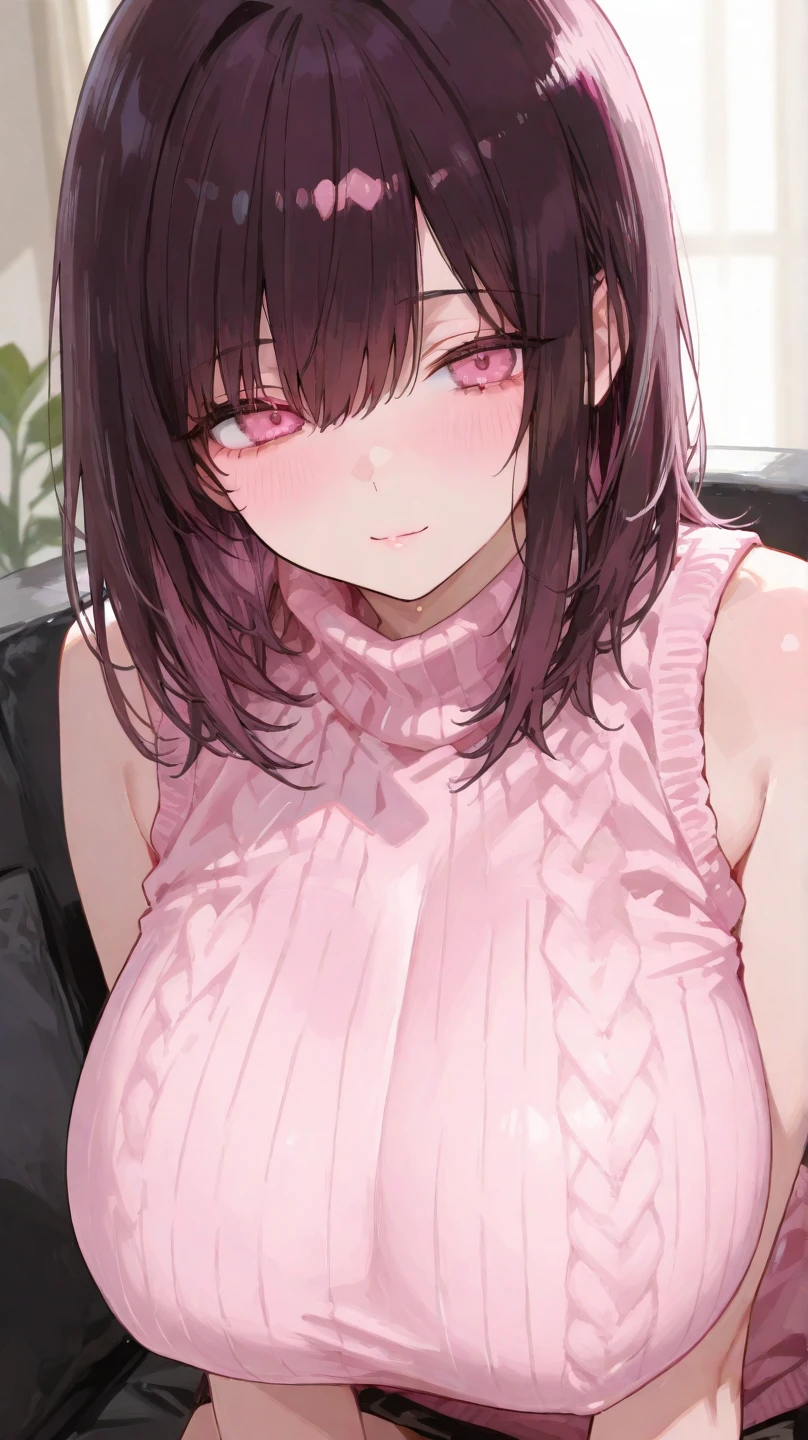 Sexy woman, blushing hard, red makeup, hands pinned to the side, lying on bed, head on pillow, facing up, pinned, playful turned sexy, mouth parted, eyes looking at lips, very sexy and hot, figure, loose t shirt, midriff, abs