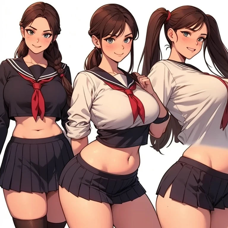 Anime Kawaii sexy Perfect Slim sensual body large breast and huge thighs, An intricate and highly detailed illustration of anime (Young girl) 1 girl, light hair, darker eyes, Solid eyes, blank stare, shorth hair, two braids, breasts big, school clothes, white collar, jaket, cape, overskirt, knee socks, no expression, no back ground, white background