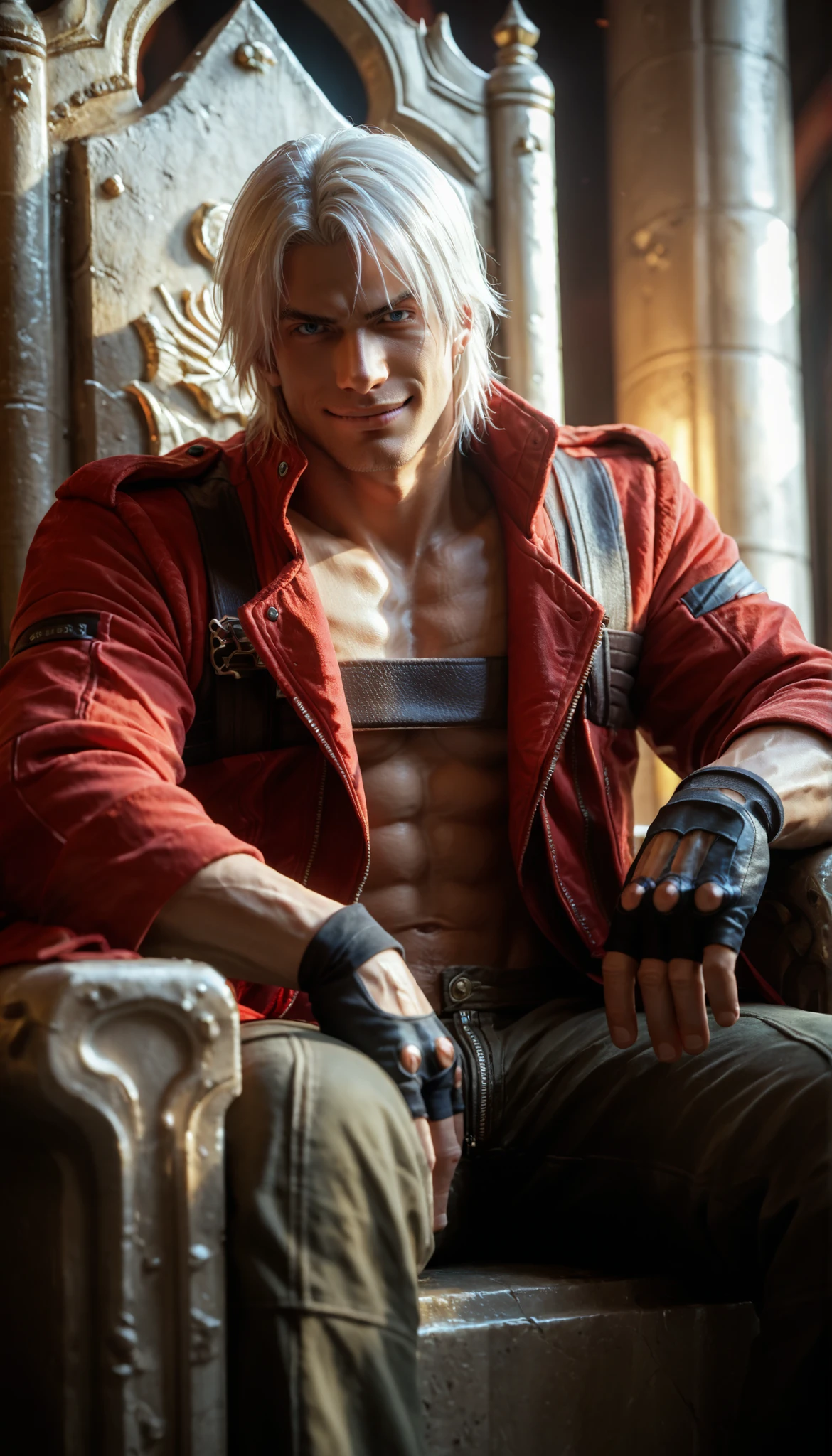 score_9, score_8_up, score_7_up, source_anime, solo, male focus, 1boy, dmc3dante, smirk, looking at viewer, sitting, throne, red coat, bandeau, fingerless gloves, pants 