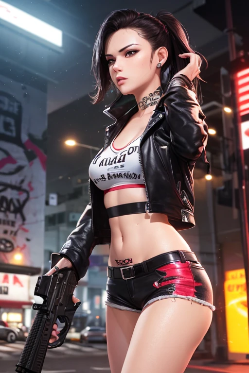 Revy from black lagoon, tattooed babe, wearing a black leather jacket and nude under, short ripped jeans, Her expression is sensual, background is a bright scene, neon lights illuminating the area around her, The artwork is rendered in an edgy and realistic style, with high attention to detail and sharp focus. The colors are vivid and contrasted, with a slight desaturation to create a moody atmosphere. shadowy highlights enhancing the overall composition. The medium used is a digital illustration, with a touch of photo-realistic elements to add depth and texture to the image. The final result is a masterpiece in ultra-high resolution, showcasing the intense and raw nature of Revy's character. she's facing the front image, she's alone.