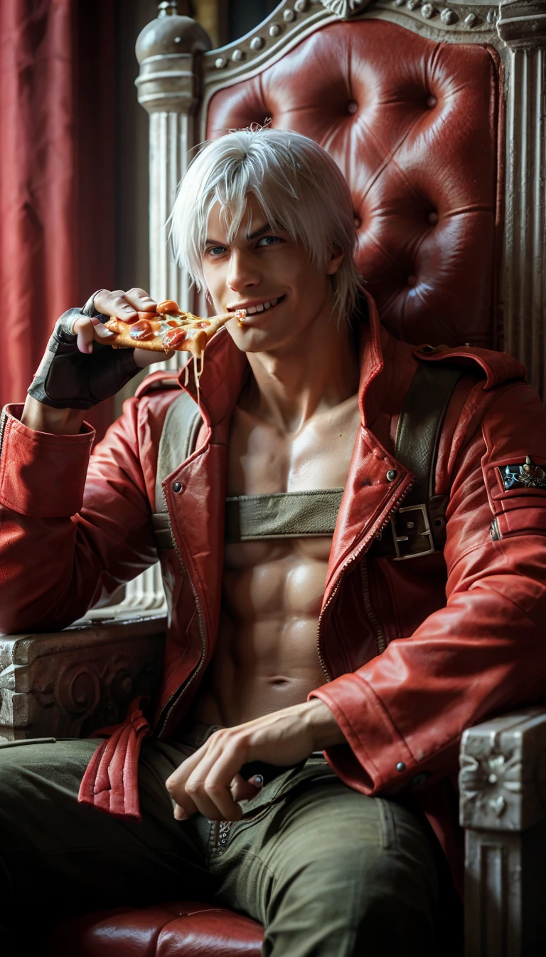score_9, score_8_up, score_7_up, BREAK, <lora:owc-guy-PONYv1:1>, 1boy, solo, <lora:dmc3_dante_ponyXL:0.9> dmc3dante, red coat, bandeau, fingerless gloves, pants, sitting, lounging, legs on table, looking at viewer, chair, toned,