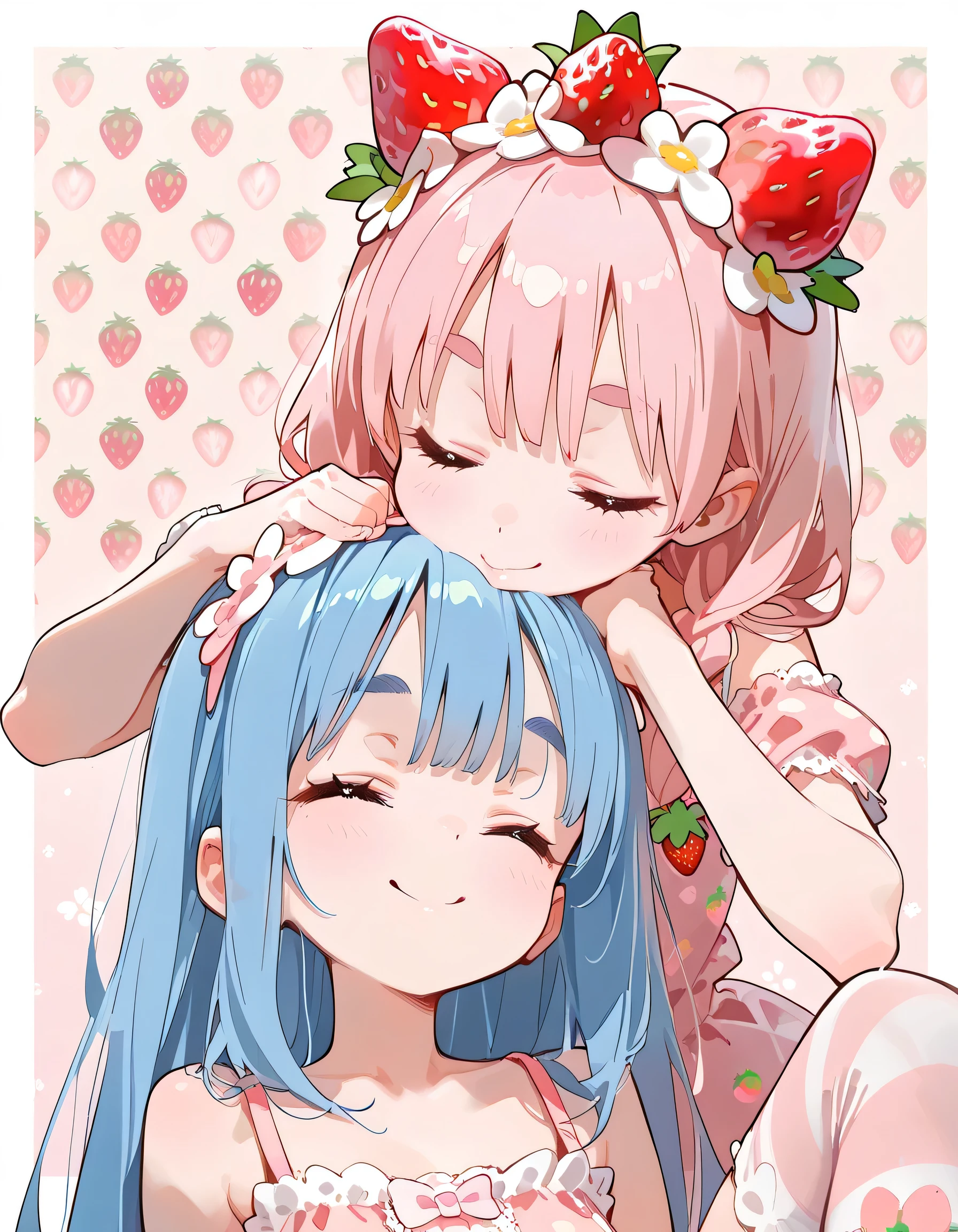(dynamic kissing pose),(portrait),2girls,18 years old,(waterblue long hair),bangs,thick eyebrows,natural cosmetic,closed eyes smile,slim,cute female,feminine,pastel strawberry crown,pastel 
 strawberry patterned ruffle dress,pastel  strawberry print knee-high socks,(Biologically correct,perfect anatomy),soft lineart,(flat pastel  Strawberry World background),masterpiece,best quality,