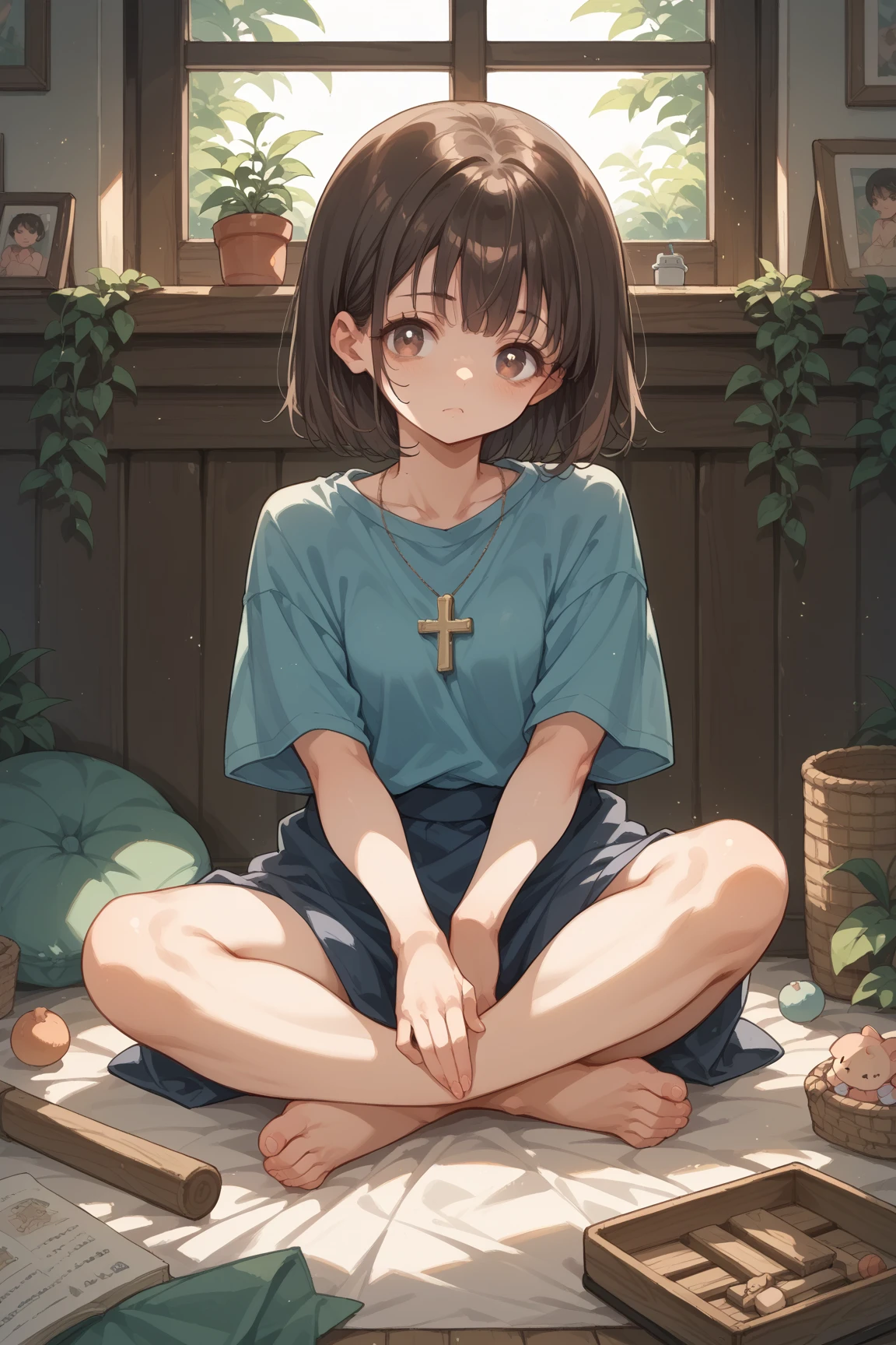 Inside the temple,smile,Squat,Put your hands behind your back,Close ~ eyes,1 ,short hair,Black Hair,blush,White T-shirt,Olive green shorts,barefoot,White skin,summer,From below,Open your hands,shy,Sweat,Open your mouth,Wet,smile