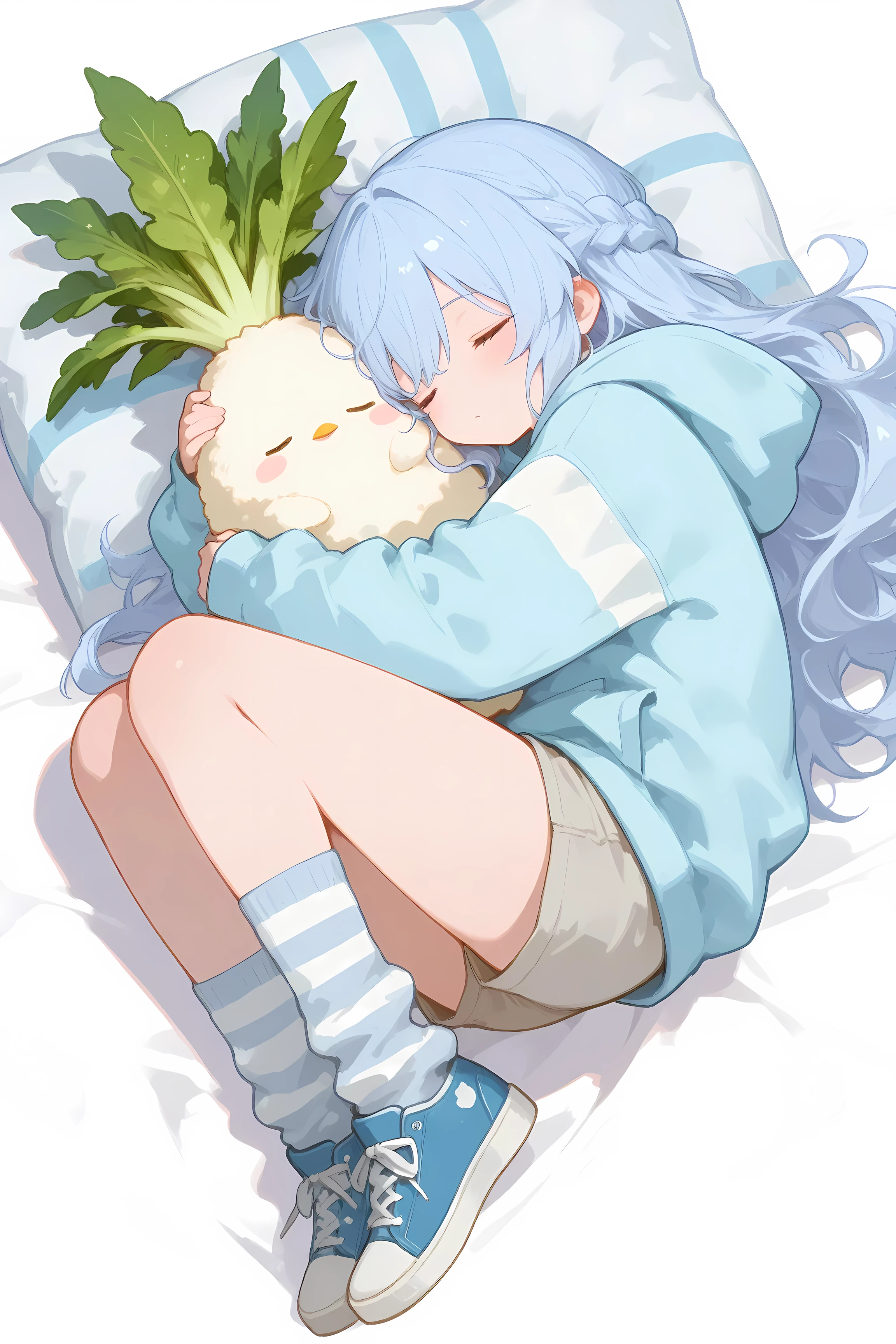 (masterpiece,best quality),解剖学的に正しい、OKMCN\(French braid hair,light blue hair, long hair, fluffy hair,closed eyes,no nose,small mouth,blue shoes,light blue hoodie,gray short pants,blue and white striped knee-high socks\),sleeping,on a daikon shaped huge big pillow,fluffy pillow,from above,cute illustration