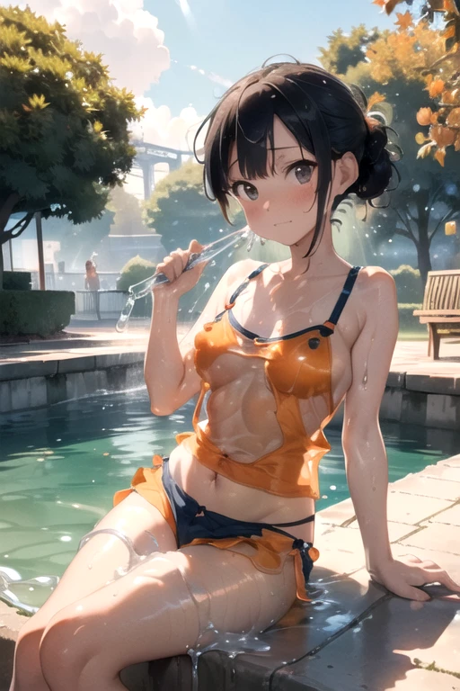 (Dripping wet with slippery erotic lotion:1.5),(Orange swimsuit((Orange camisole)),Navy blue piping),(Navy blue shorts),Black Hair,(Water playground in the park:1.2),(Leaning forward pose:1.4),