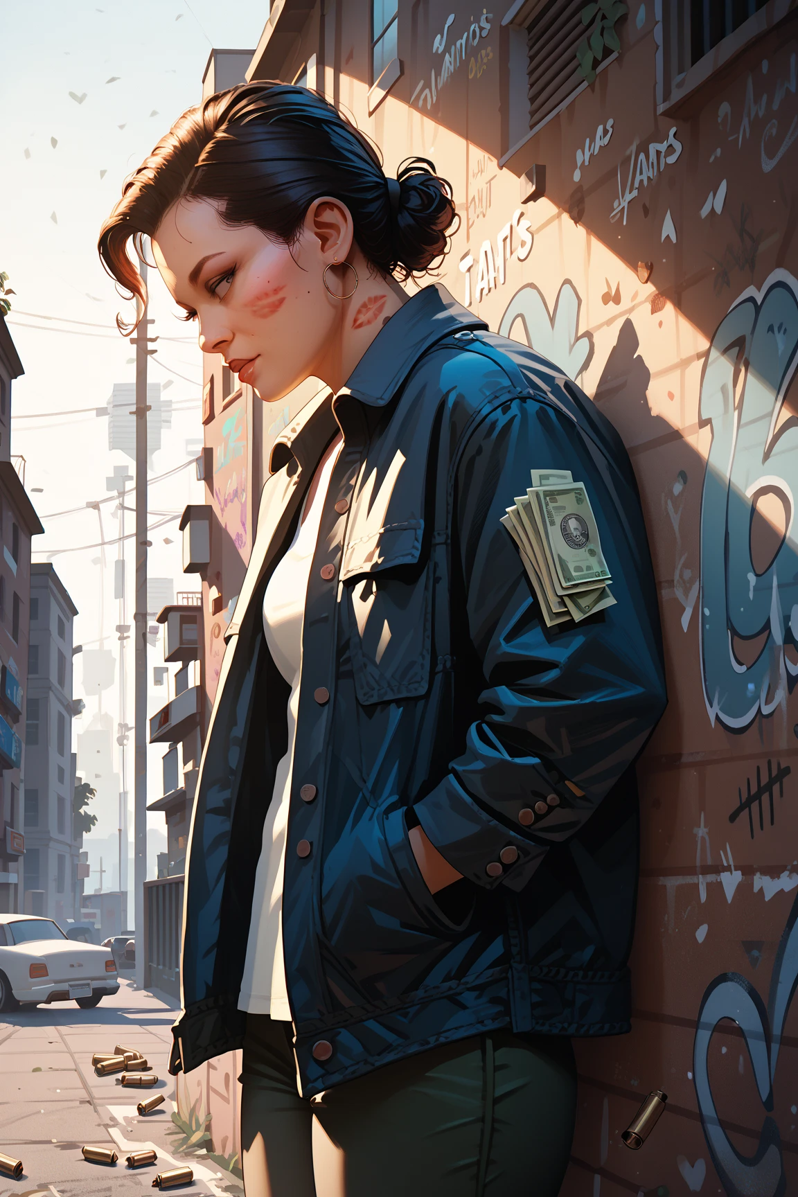 (Bike that runs the wall surface:1.0), ビルの屋上, GTA, Los Santos, graffiti and bullet marks, Bills fall,  (very wide shot), dynamic angle