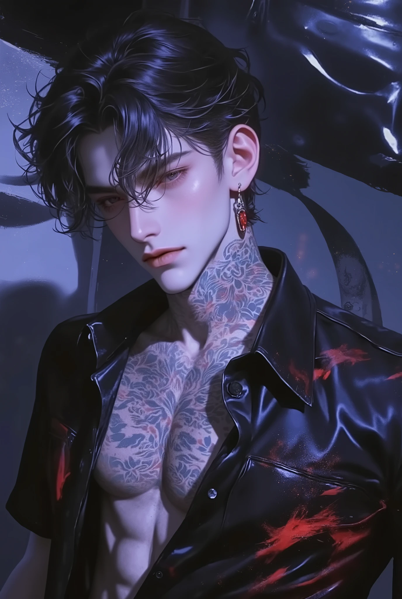 Young handsome 20-year-old man with a rebellious vibe, spiky black undercut hairstyle, intense red eyes, muscular physique, elaborate chest and sleeve tattoos, wearing a half-open black shirt, red accents, urban streetwear, standing in front of graffiti-covered wall, dim moody lighting, cyberpunk street background, confident and dangerous expression, anime-inspired illustration