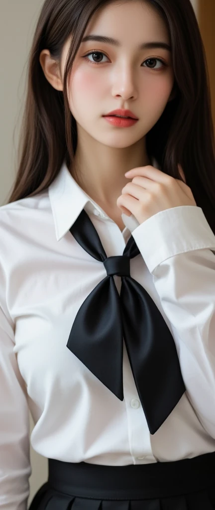 ((highest quality、8k、masterpiece:1.3)),((((fullbody shot)))),Ultra-high resolution,big eyes,Japanese,bangs,(a girl),(1 girl),((20 years old)),((facing at viewer)),(long hair),(((black sailor uniform))),grin,((sitting on chair)),(pleated mini skirt),(((black panties))),((skirt lift))