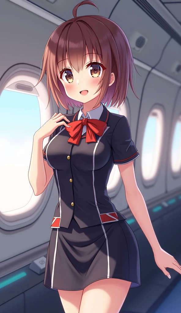 30-year-old female cabin attendant, crouching in the aisle of the plane, picking up lost items, skirt, stockings, detailed eyes (from the front, from below), masterpiece, blushing, shy face