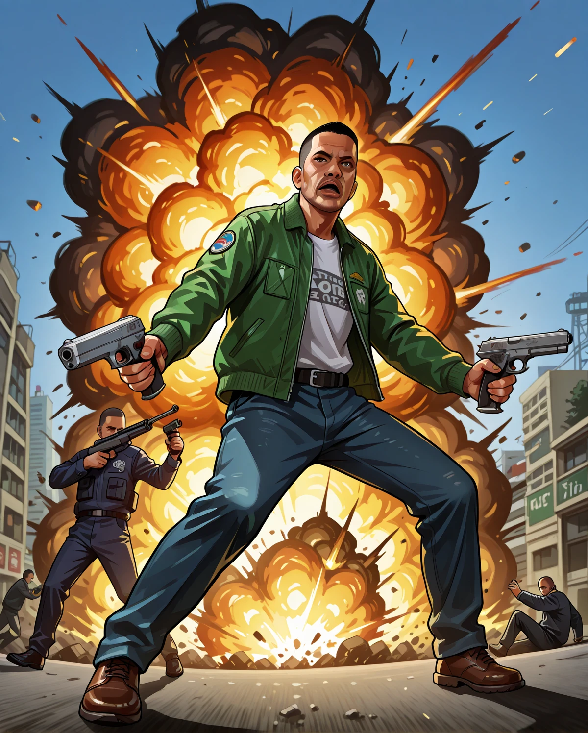 gta5, male focus,grafite,  EXPLOSION,  Gang war in a shootout, action scene, estilo GTA, score_8_acima, score_7_acima, score_6_acima, score_9, illustration