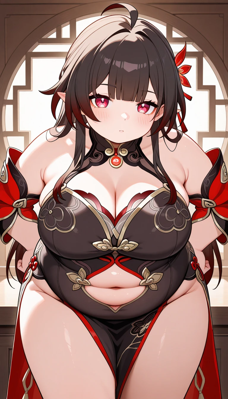 Short red oni girl with black hair and big boobs