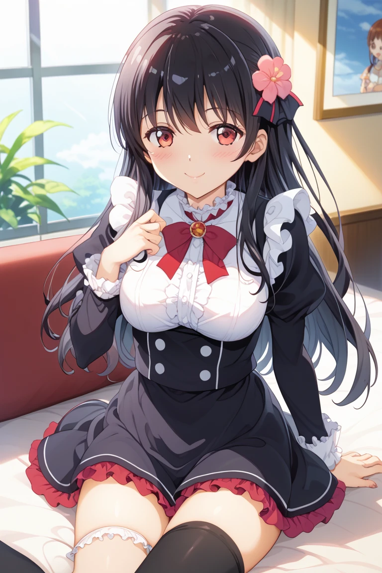 kurumitokisaki, tokisaki kurumi, (Clock Eye:1.5), Black Hair, Long Hair, Twin tails, (Hair on one eye:1.3), (Red eyes:1.5), (Large Breasts:1.4), A proud smile, Gothic, pantyhose, black pantyhose, (Cowboy Shot:1.5),(masterpiece:1.2), Highest quality, High resolution, unity 8k wallpaper, (figure:0.8), (Beautiful attention to detail:1.6), Highly detailed face, Perfect lighting, Highly detailed CG, (Perfect hands, Perfect ???????), cute