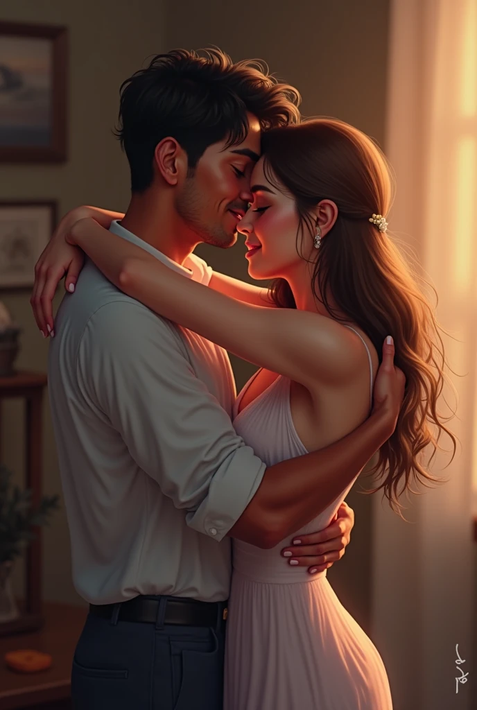 Crie um casal off jovens, Dancing Waltz, um garoto off 20 anos, offwhite, com o cabelo castanho penteado em forma off topete, with a white dress shirt, with 1,70 off altura, and the girl, off , com aproximadamente 1,66 off altura, with dark brown hair just below the shoulder, wavy wires, eyes browns, with freckles, wearing overalls and an orange blouse, realisitic