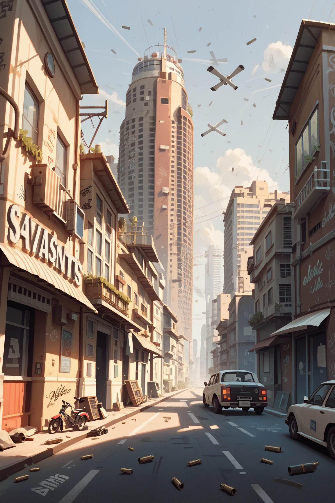 (Bike that runs the wall surface:1.0), ビルの屋上, GTA, Los Santos, graffiti and bullet marks, Bills fall,  (very wide shot), dynamic angle