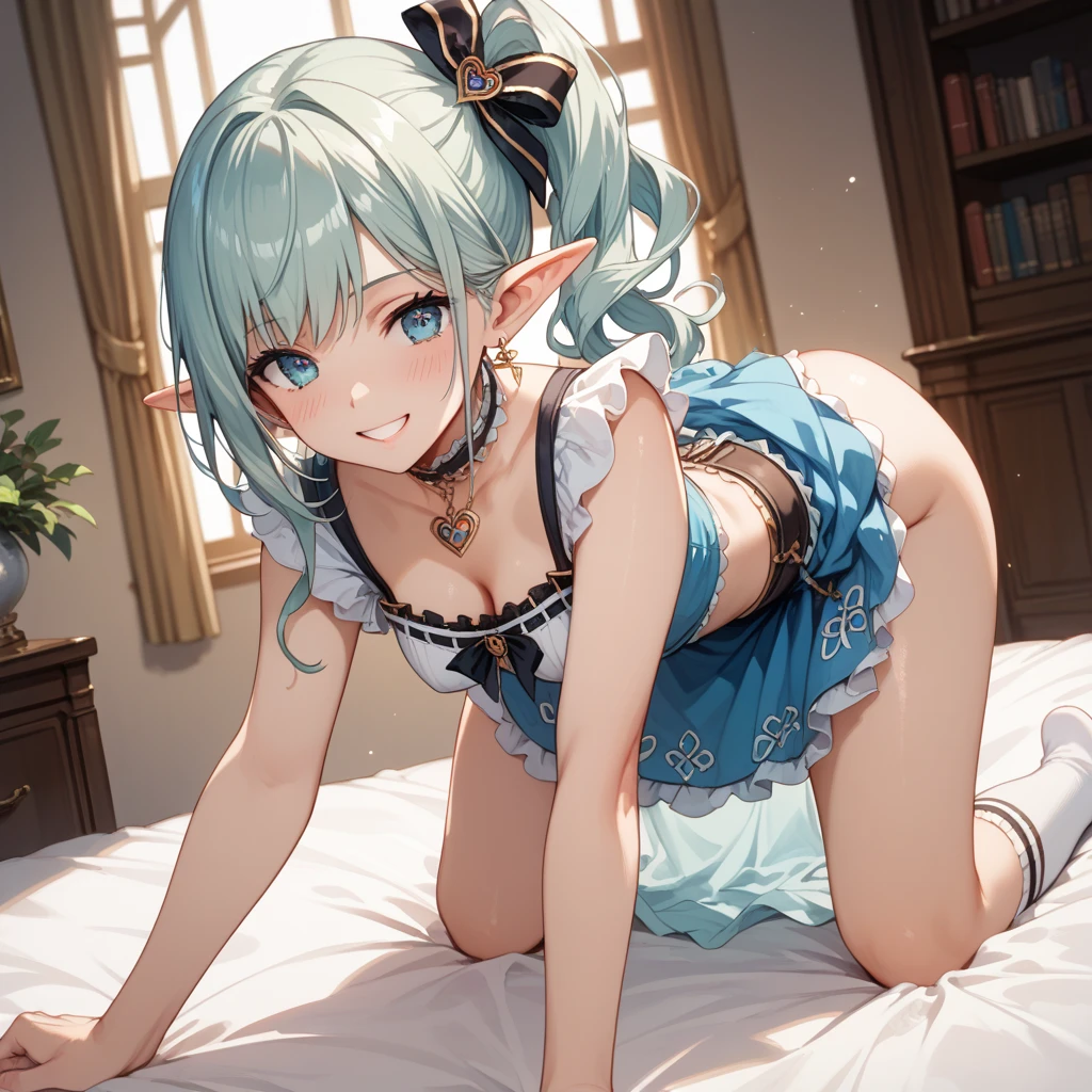 (8K, Highest Quality, Masterpiece:1.3)), Ultra HD, (1 girl, 1 person), (Color changing eyes, Ultra detailed, Expressive glow, Sparkling eyes), Very detailed eyes, Very detailed face, Random hair, (Silver-gray color), Exposed, On all fours, Elf, Angle from below, Candlelight, (Cute panties:1.3), (Ecstatic expression:1.2), Brown skin, Seductive, Cleavage, Dripping pussy juice down thighs, A room in a love hotel
