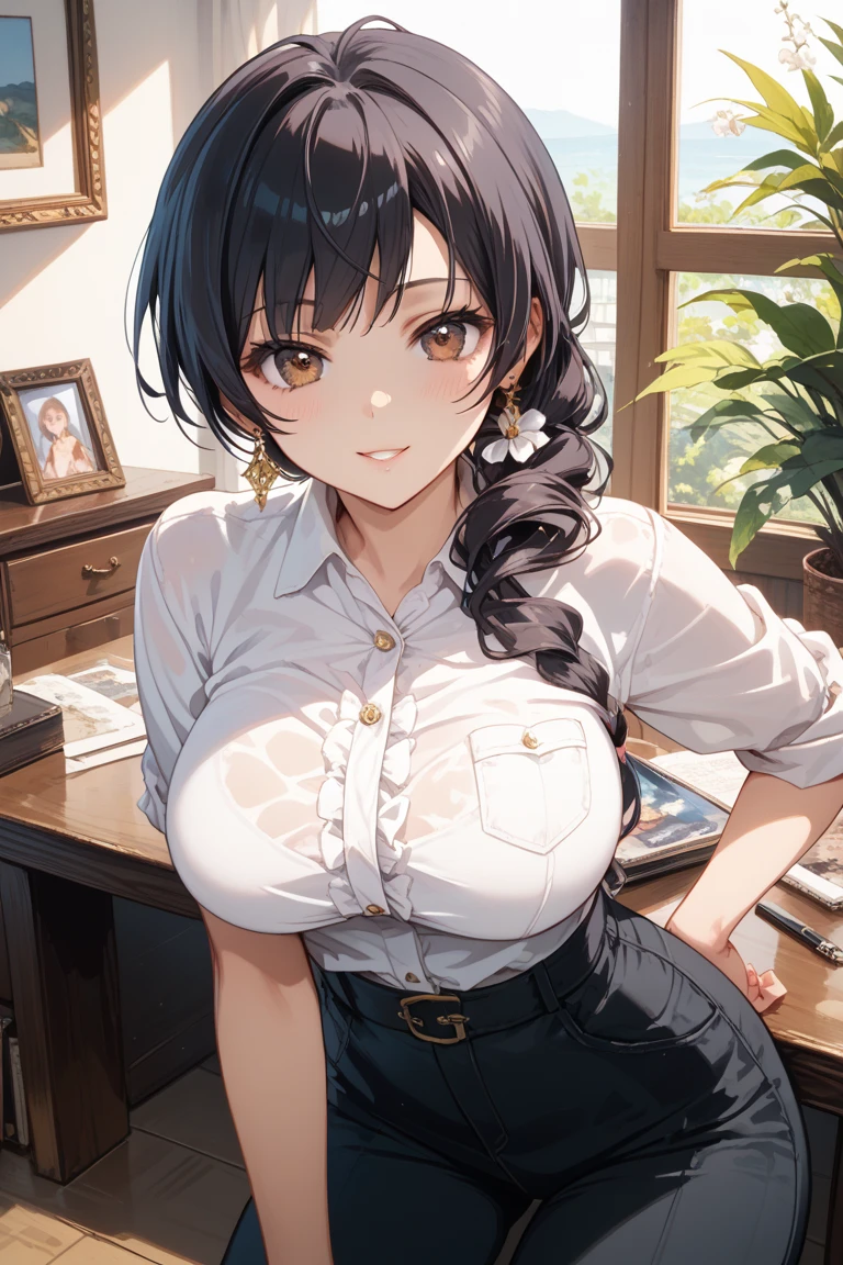 absurd, 8K, high resolution, Ultra-detailliert, beautiful, Meisterwerk, best quality, very pretty woman, Jung, Braunes Haar, sexy, (very huge breasts:1.5), (Pferdeschwanz:1.5) detailliertes Frauengesicht, Sehr attraktiv, karierter Minirock, white shirt, (gelber BH:1.3),