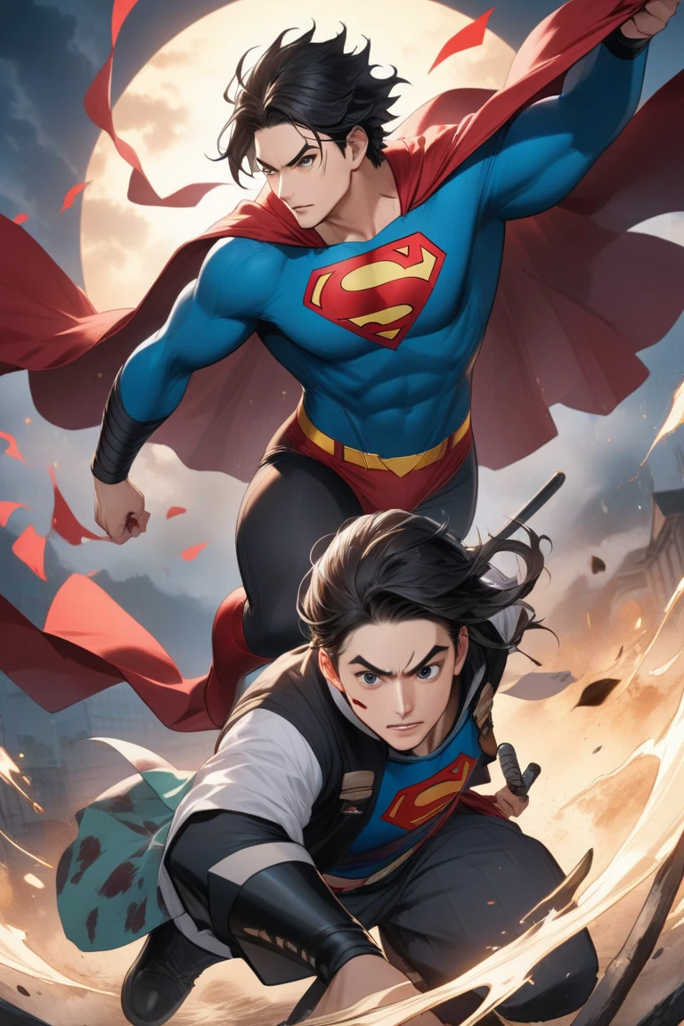 Bottom-up view of Superman with a large bulge on his clothes appearing large in the image with the bulge very close to the camera.